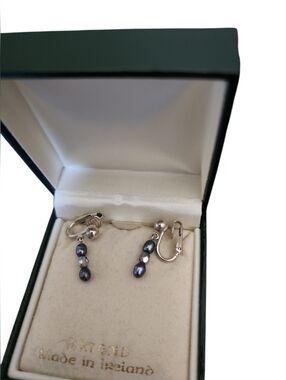 Vintage Pearl Divers Cultured Black Pearl Crystal Silver 925 Drop Clip Earrings